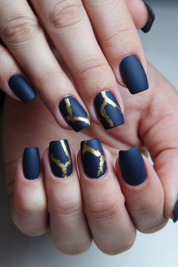 acrylic blue and gold nails