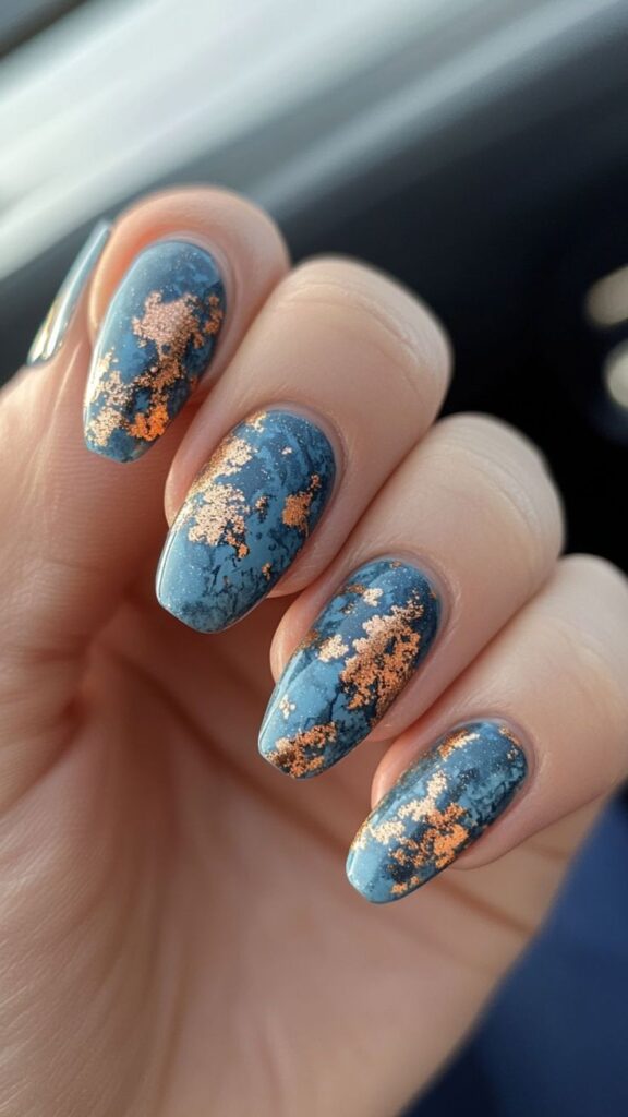 coffin royal blue and gold nails