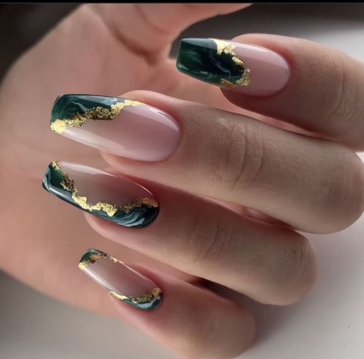 dark green and gold nails