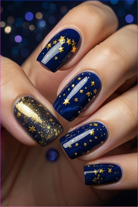 matte blue and gold nails